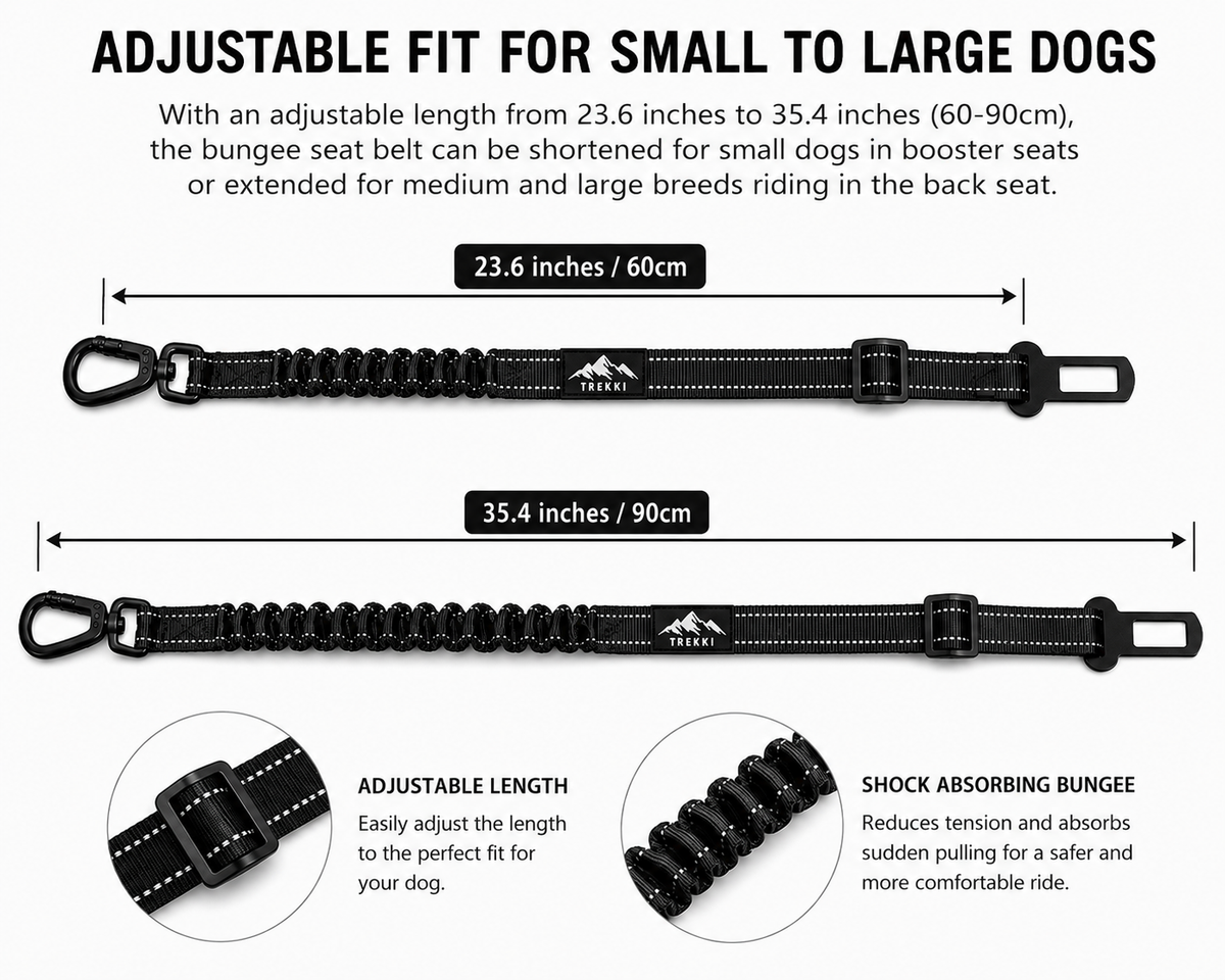 TREKKI 3-in-1 Dog Bungee Car Seat Belt With 360° Lockable Buckle & Hook Latch