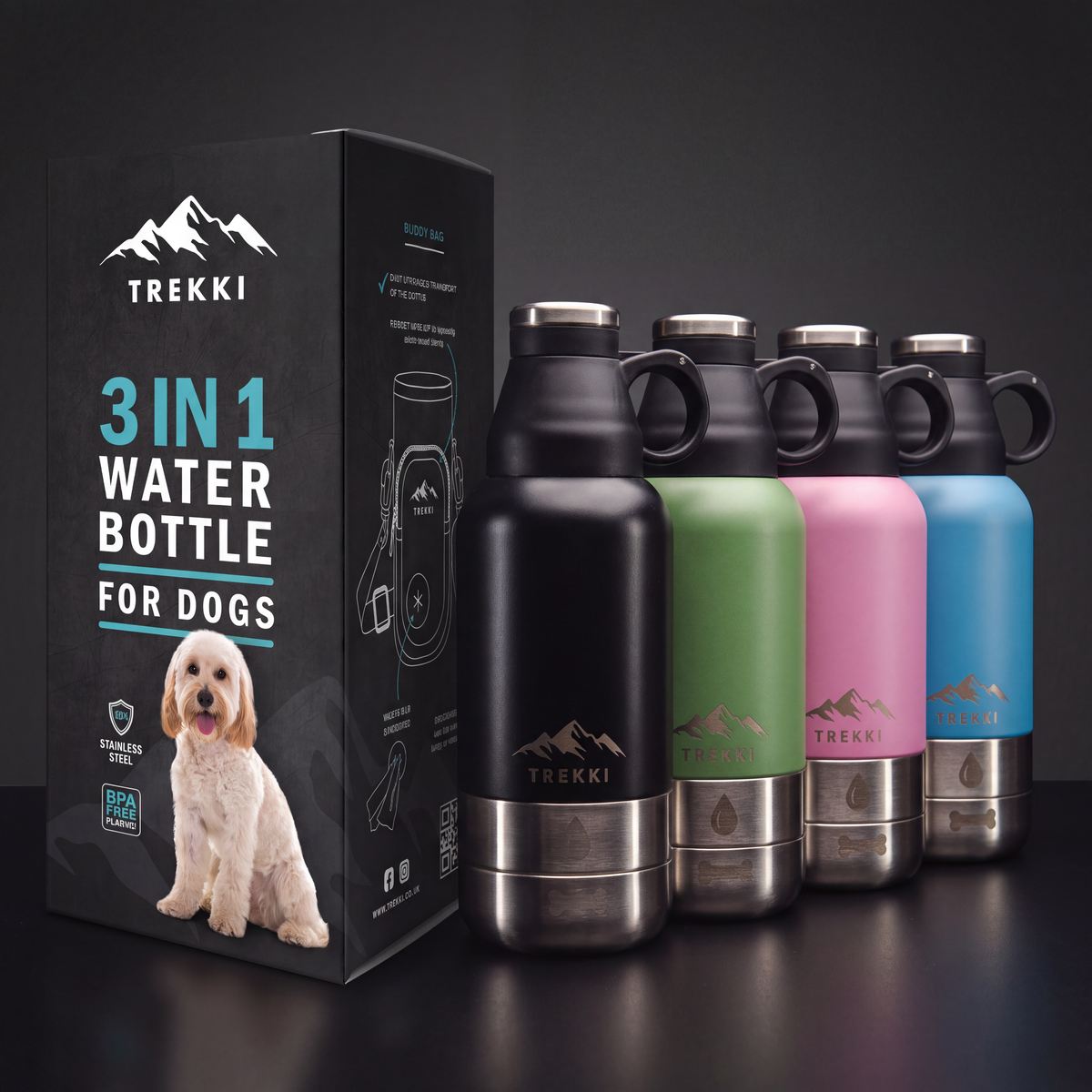 TREKKI 3 in 1 Water Bottle for Dogs including Buddy Bag
