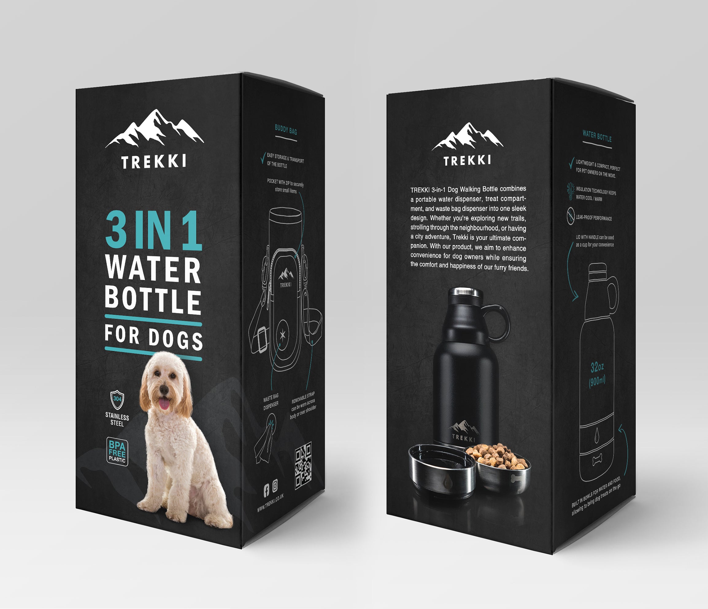 TREKKI - 3 in 1 Water Bottle for Dogs including Buddy Bag